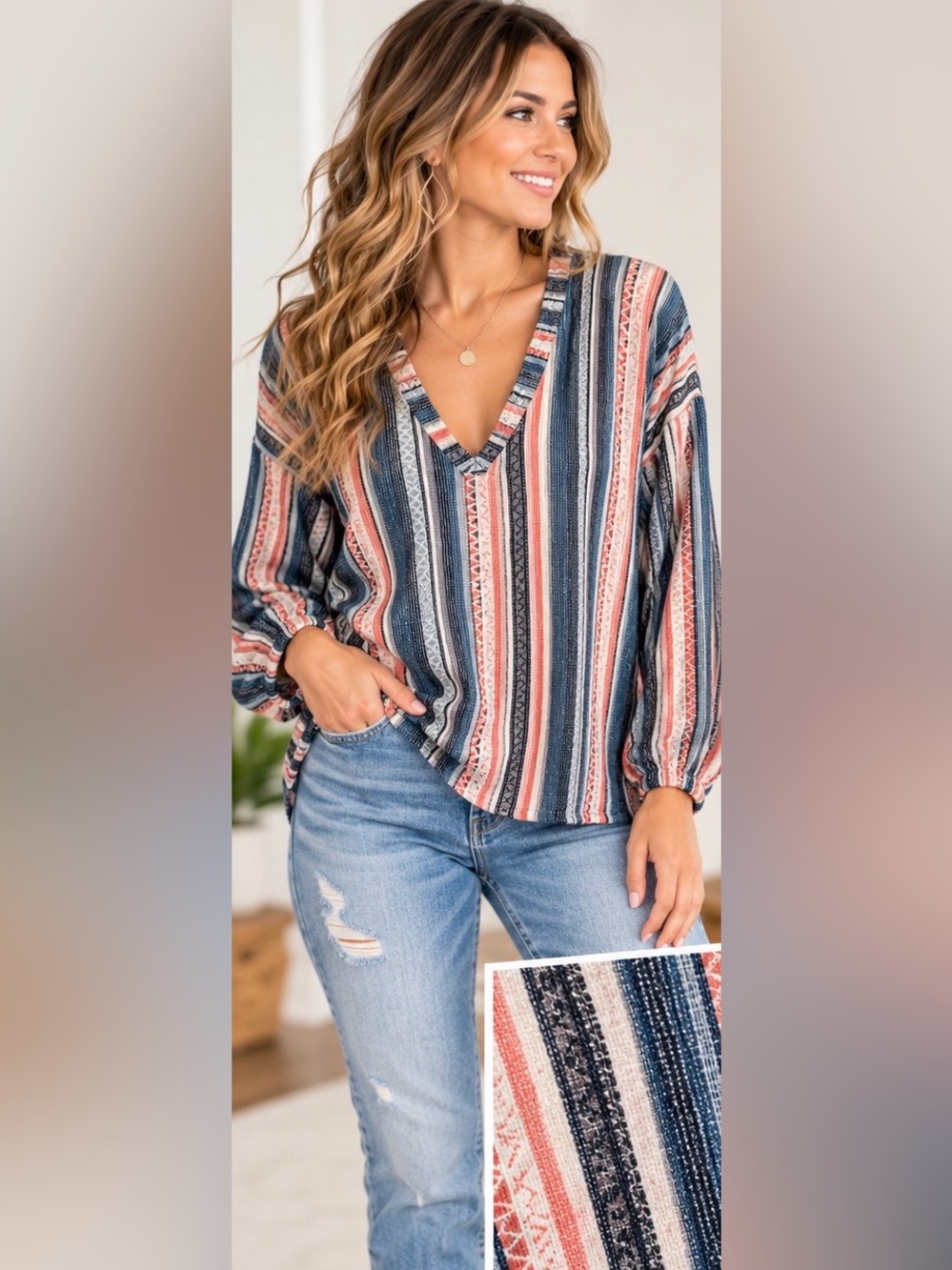 Ivy Jane Striped Ribbed Soft V-Neck Blouse Blue & Red- Size Medium